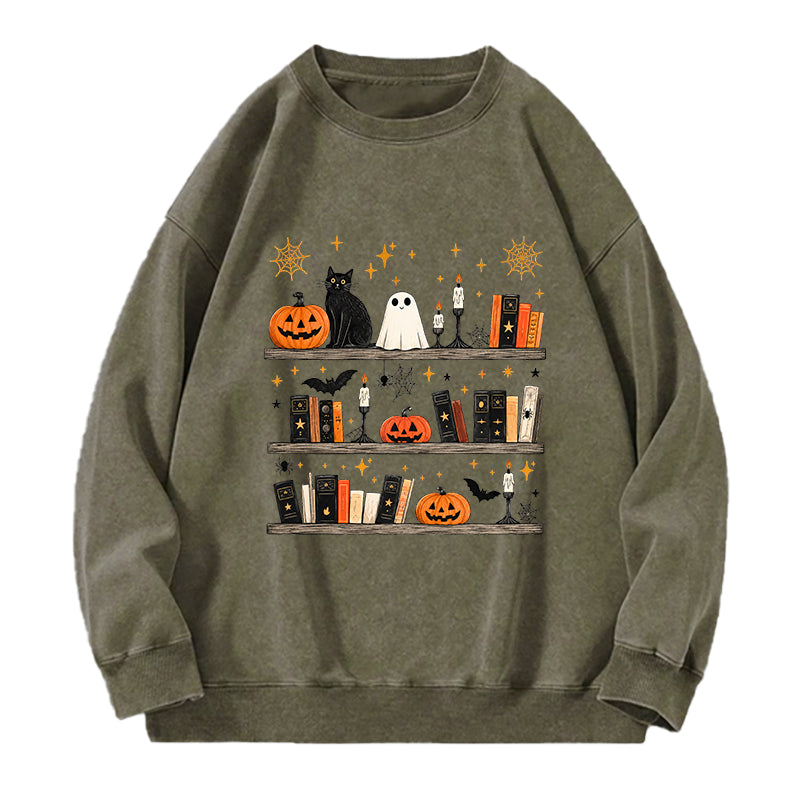 Halloween Book Shelf Washed Crewneck Sweatshirt