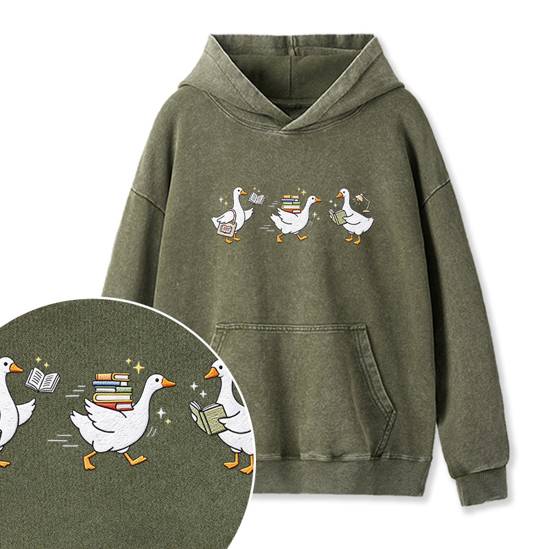 Embroidered Goose Reading Books Washed Hoodie