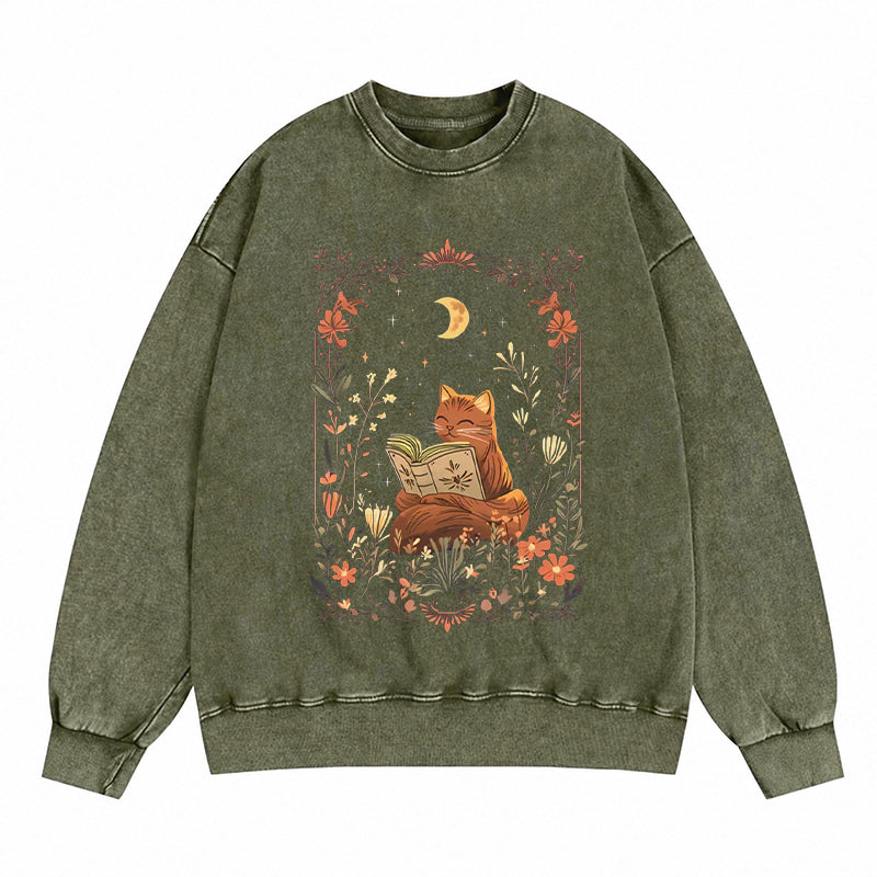 Cottagecore Cat Reading Book Washed Crewneck Sweatshirt