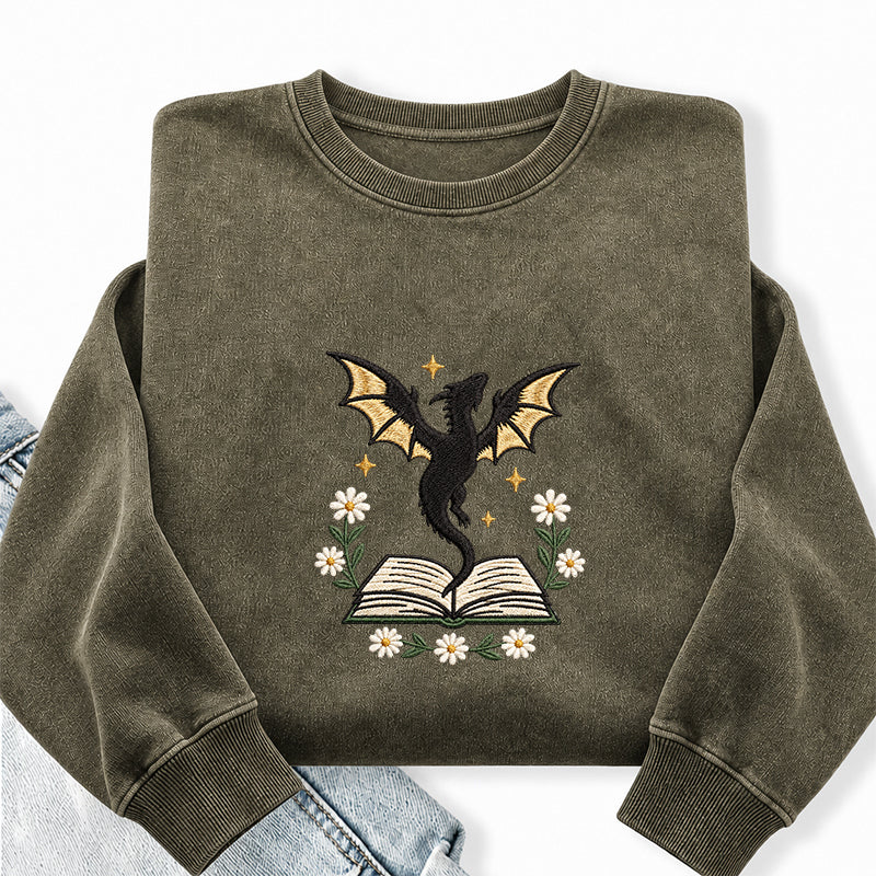 Embroidered Dragon Floral Book Washed Crewneck Sweatshirt