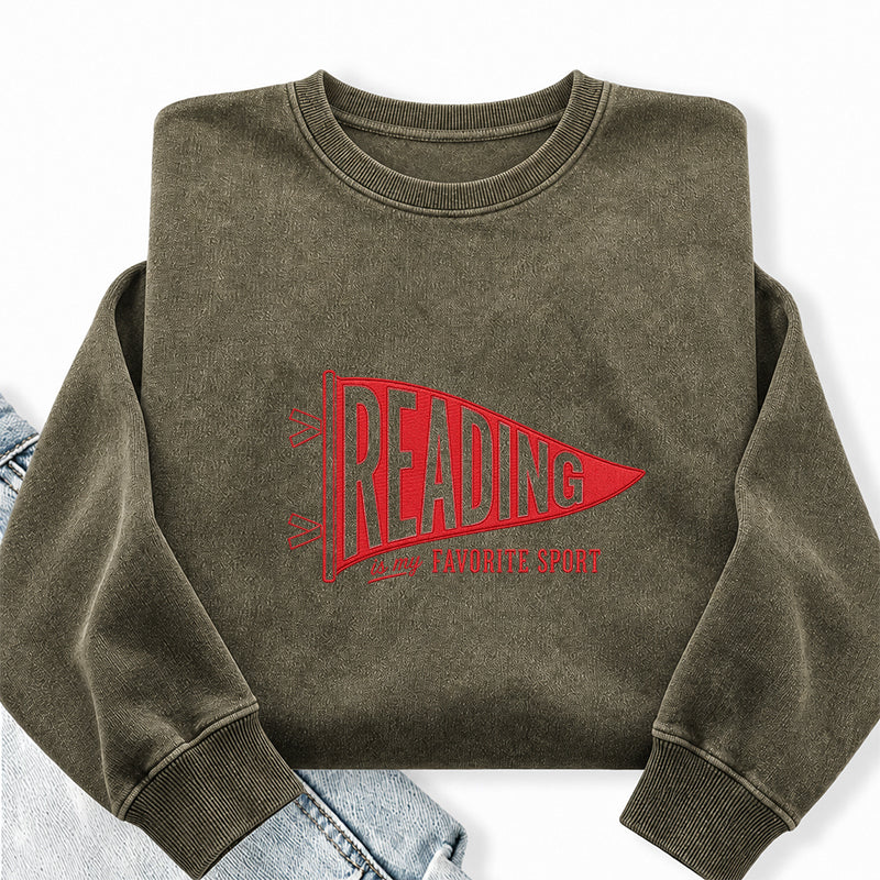Embroidered Reading Is My Favorite Sport Washed Crewneck Sweatshirt