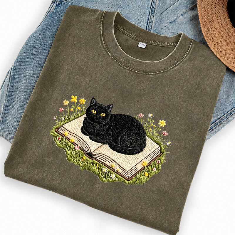 Embroidered Black Cat Book Washed Crew Neck T-Shirt