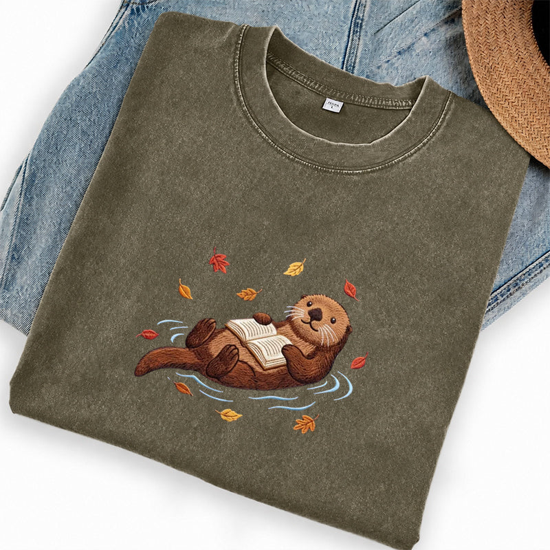 Embroidered Otter Reading Book Washed Crew Neck T-Shirt