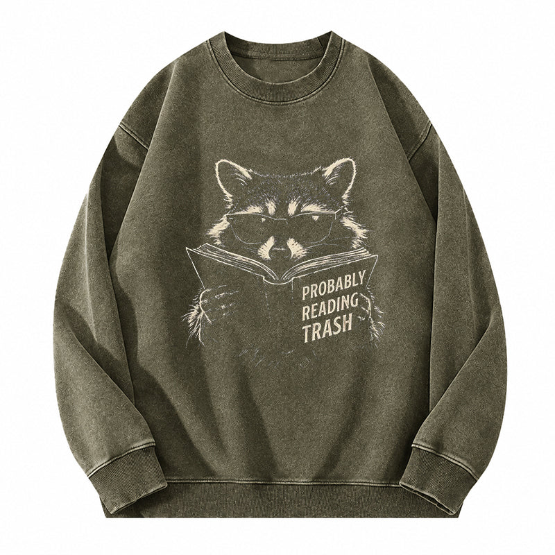 Probably Reading Trash Raccoon Washed Crewneck Sweatshirt