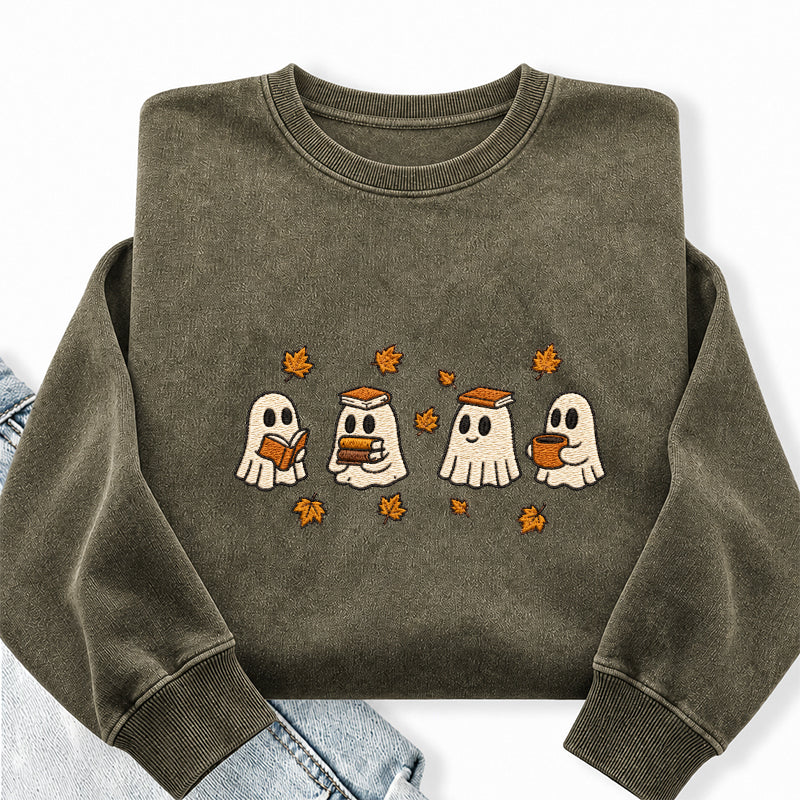 Embroidered Autumn Bookish Ghost Washed Crewneck Sweatshirt