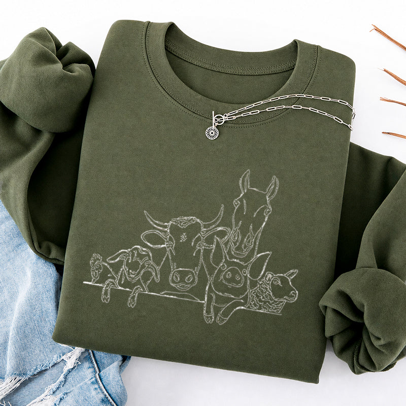 Embroidered Horse Cow Pig Farm Animals Classic Crewneck Sweatshirt
