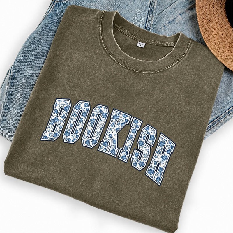 Embroidered Retro Bookish Washed Crew Neck T-Shirt