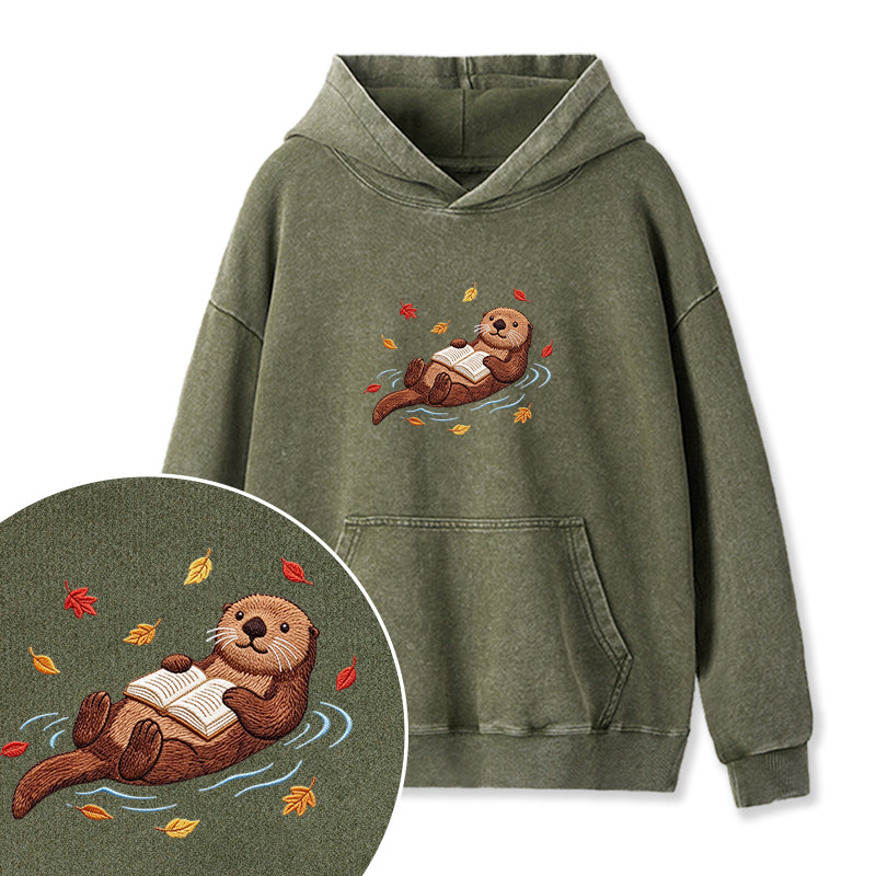Embroidered Otter Reading Book Washed Hoodie