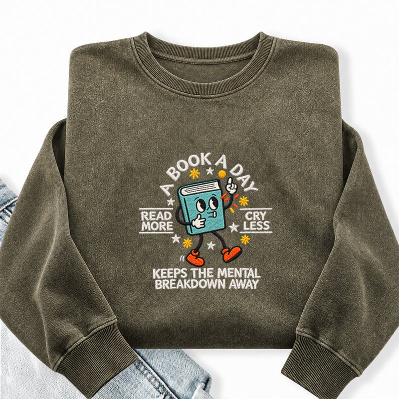 Embroidered Read More Cry Less Washed Crewneck Sweatshirt