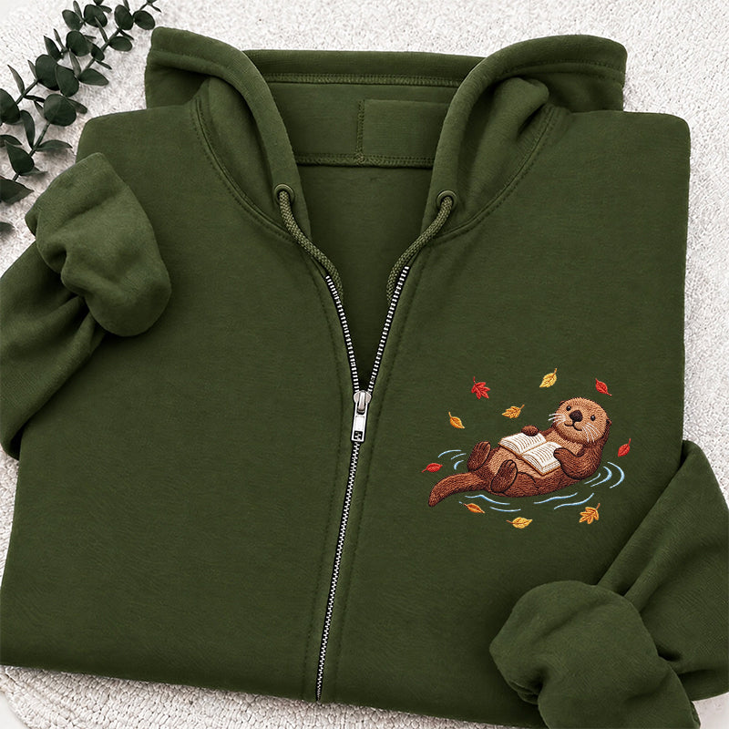 Embroidered Otter Reading Book Classic Full Zip Hoodie