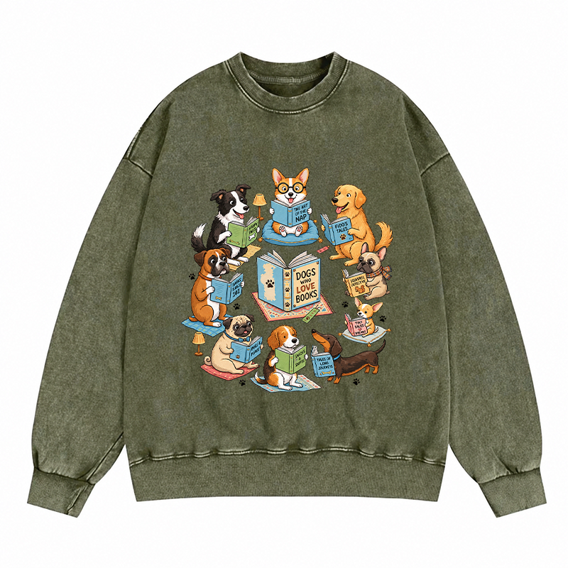 Dogs Who Love Books Reading Washed Crewneck Sweatshirt
