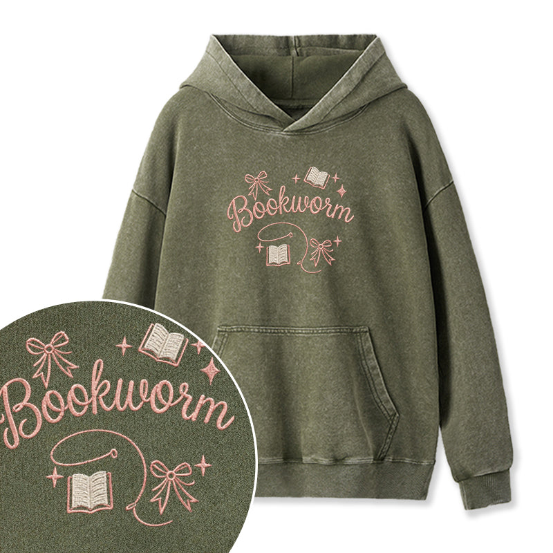 Embroidered Funny Bookworm Washed Hoodie