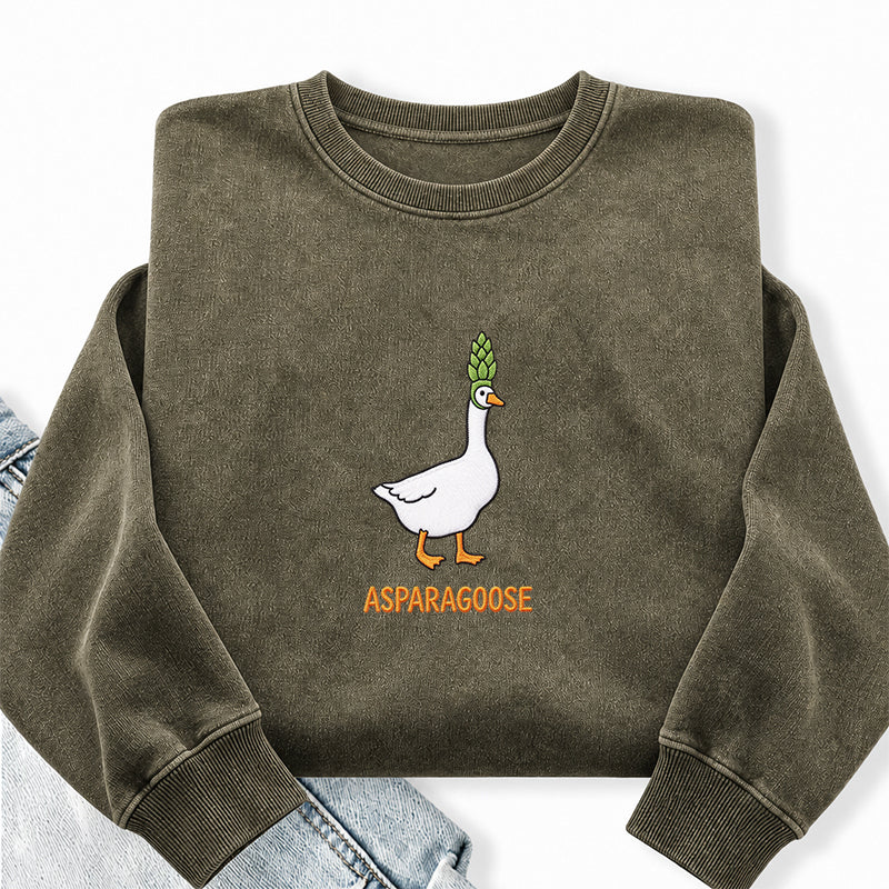 Embroidered Funny Asparagus Asparagoose Washed Crewneck Sweatshirt