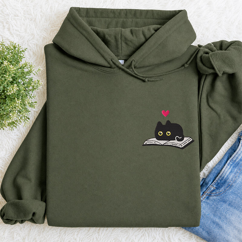Embroidered Black Cat and Book Classic Adult Unisex Hoodie