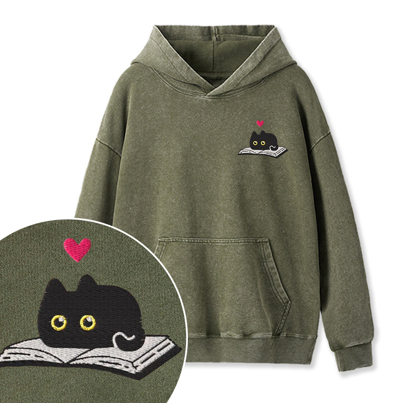 Embroidered Black Cat and Book Washed Hoodie
