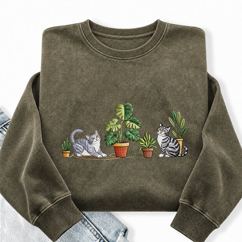 Embroidered Plants And Cat Washed Crewneck Sweatshirt