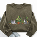 Embroidered Plants And Cat Washed Crewneck Sweatshirt