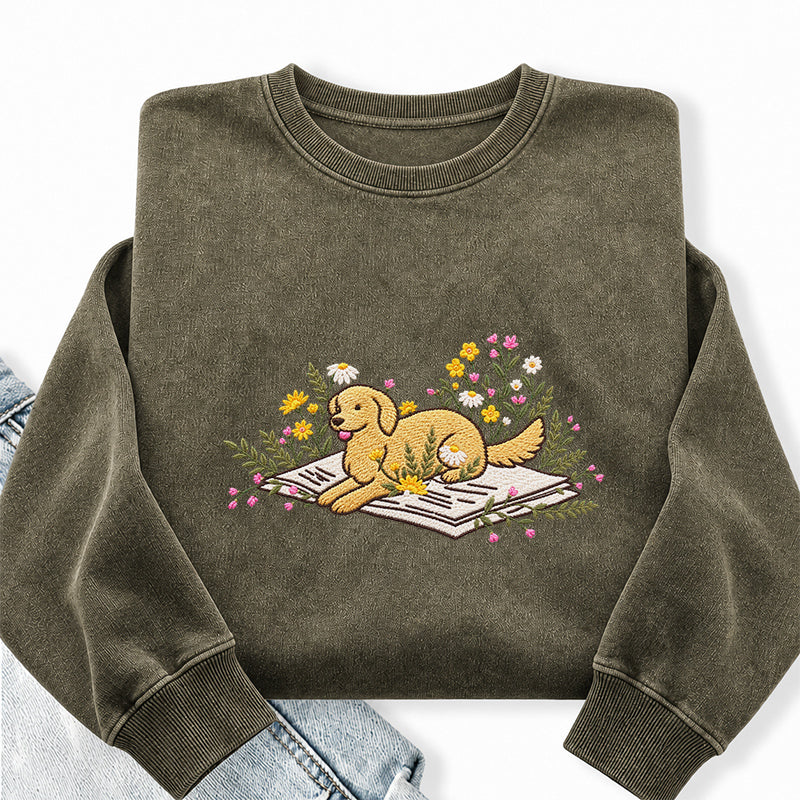 Embroidered Dog Lying On Book Washed Crewneck Sweatshirt