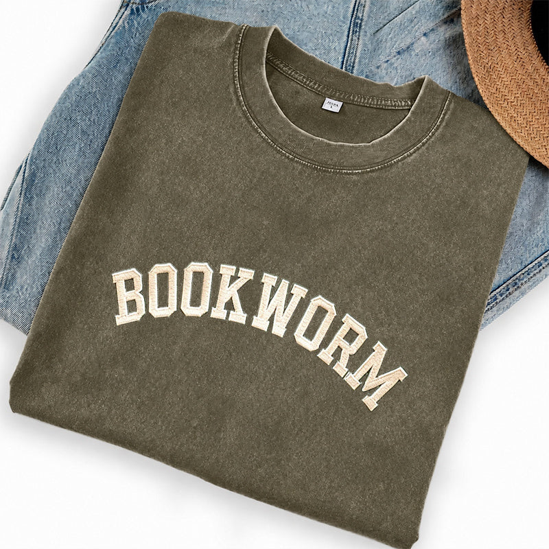 Embroidered Bookworm Washed Crew Neck T-Shirt