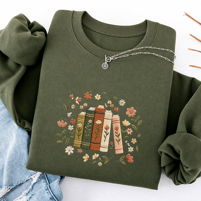 Embroidered Floral Book Stack Classic Crewneck Sweatshirt
