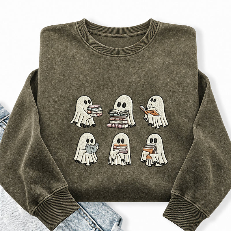 Embroidered Halloween Ghost Book Washed Crewneck Sweatshirt