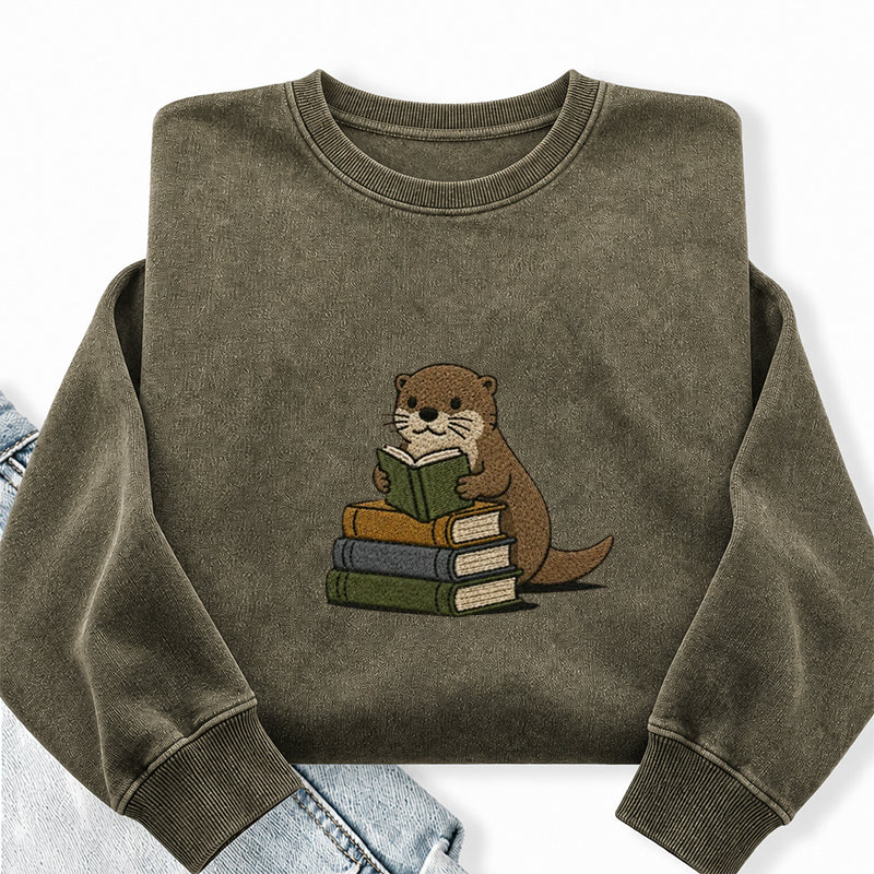 Embroidered Reading Otter Washed Crewneck Sweatshirt