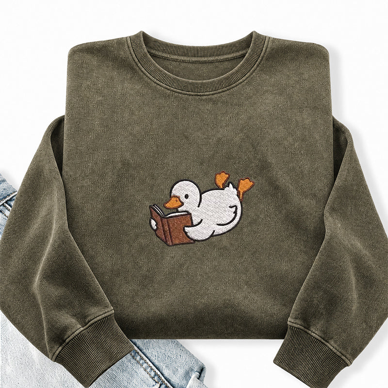 Embroidered Reading Duck Washed Crewneck Sweatshirt