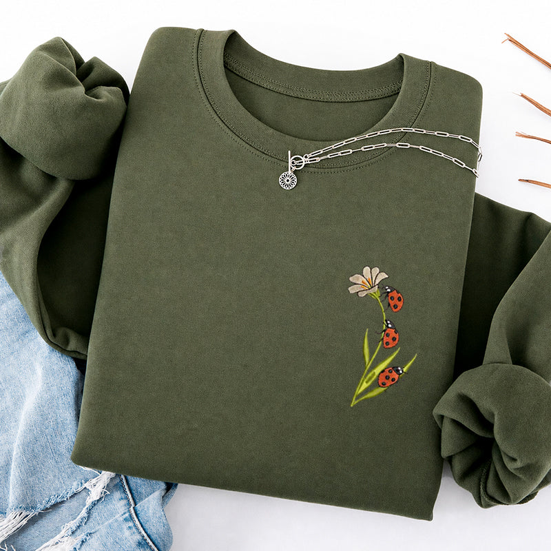 Embroidered Ladybug & Daisy Classic Crewneck Sweatshirt
