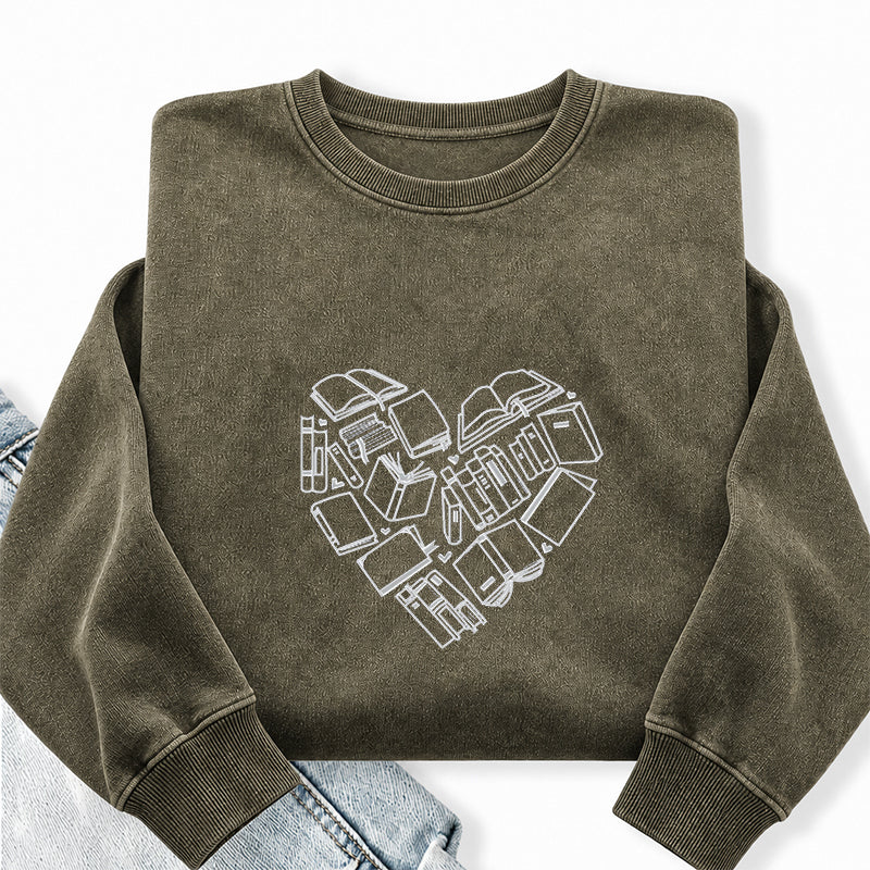 Embroidered Book Heart Washed Crewneck Sweatshirt