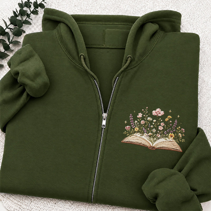Embroidered Floral Book Adult Unisex Full Zip Hoodie