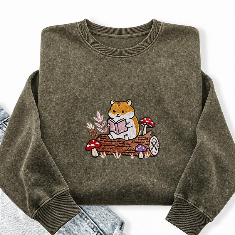 Embroidered Hamster Reading Books Washed Crewneck Sweatshirt