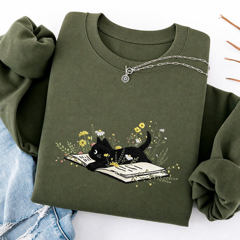Embroidered Floral Book Cat Classic Crewneck Sweatshirt