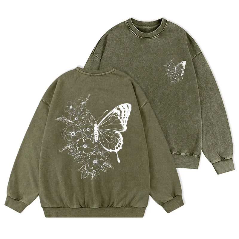 Floral Butterfly Washed Crewneck Sweatshirt