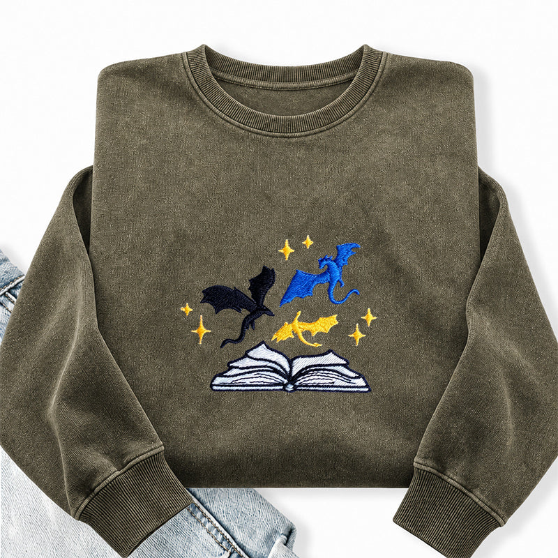 Embroidered Book And Dragons Washed Crewneck Sweatshirt