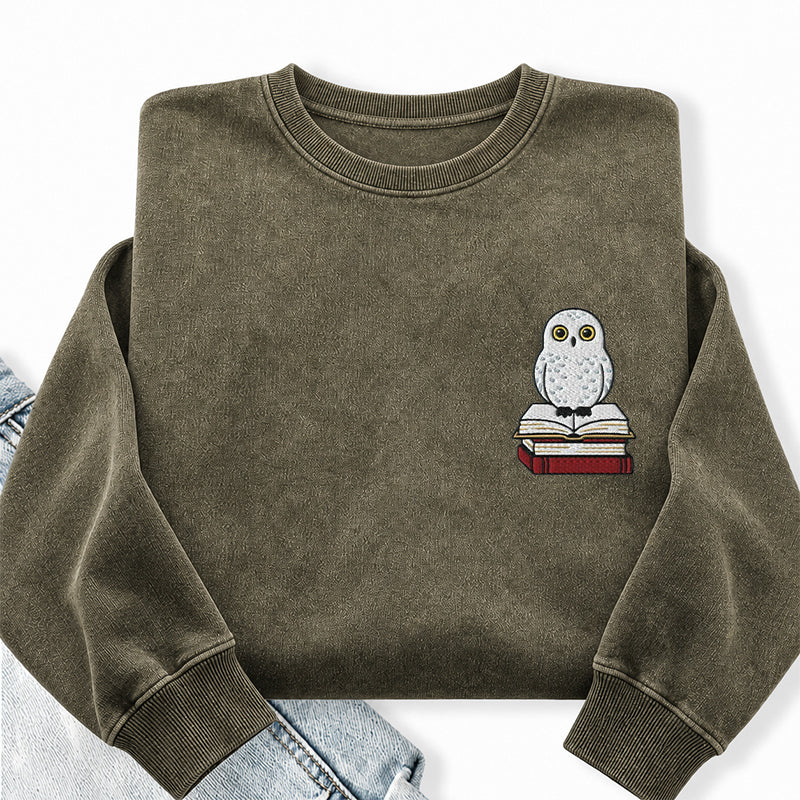 Embroidered Snow Owl On Bookstack Washed Crewneck Sweatshirt