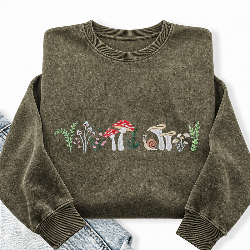 Embroidered Forest Mushroom Washed Crewneck Sweatshirt