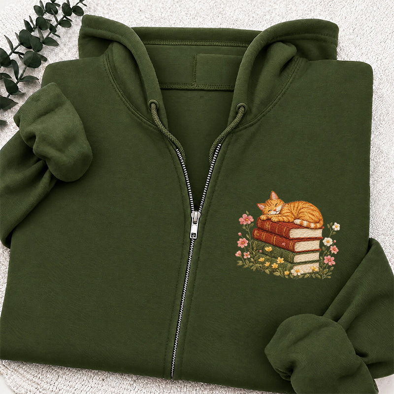 Embroidered Cat Sleeping On Books Classic Full Zip Hoodie