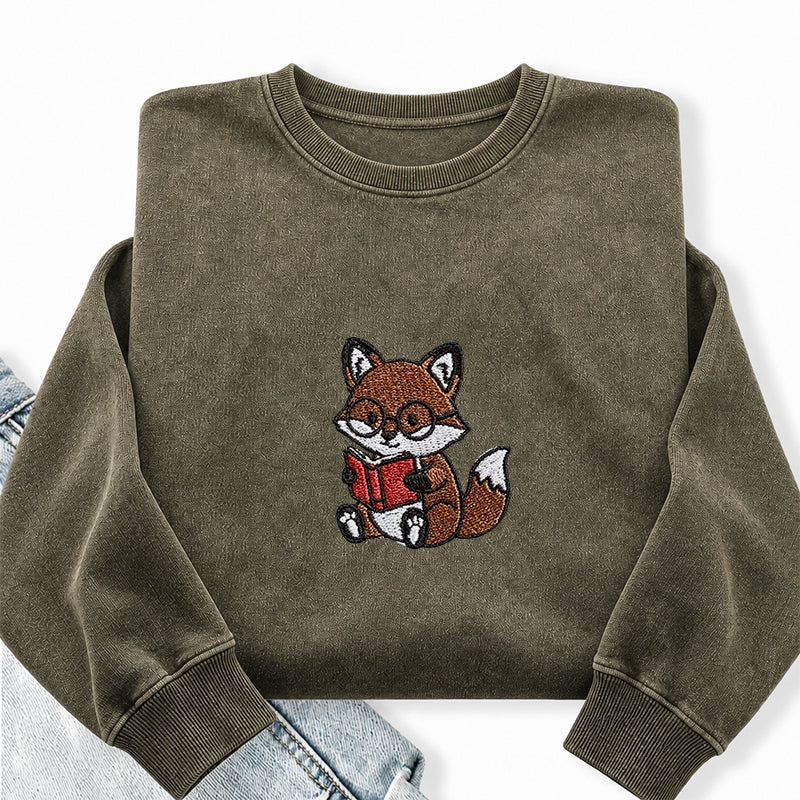 Embroidered Reading Fox Washed Crewneck Sweatshirt