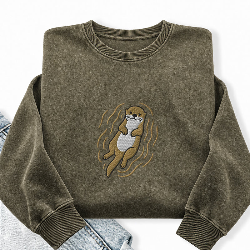 Embroidered Otter Washed Crewneck Sweatshirt