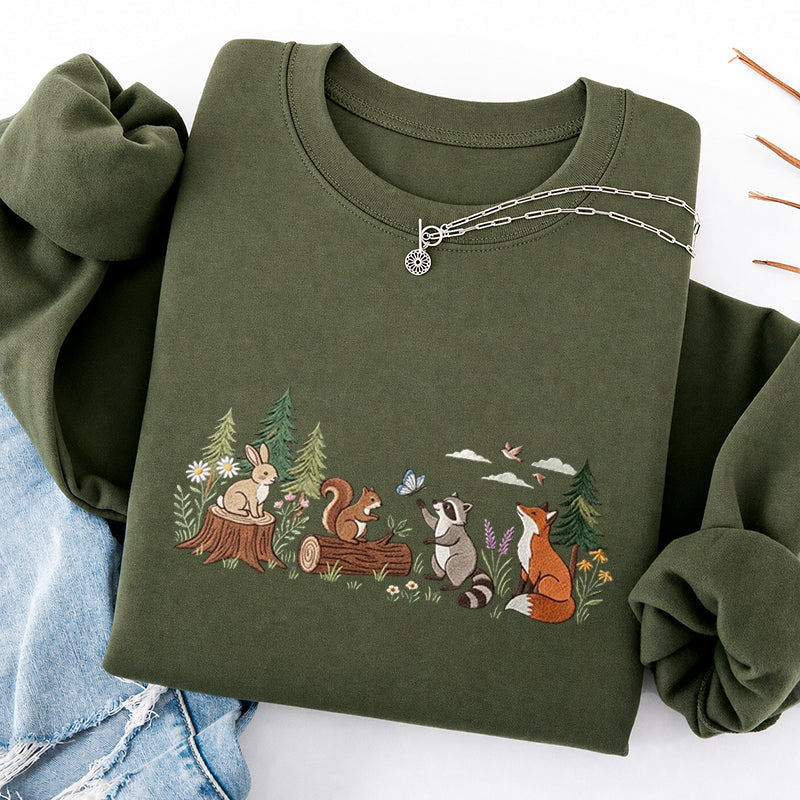 Embroidered Woodland Animals Classic Crewneck Sweatshirt