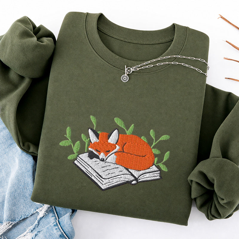 Embroidered Sleeping Fox On The Book Classic Crewneck Sweatshirt
