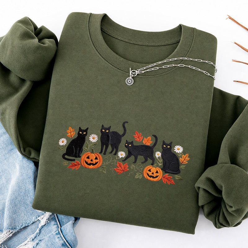 Embroidered Halloween Black Cat Pumpkins Classic Crewneck Sweatshirt