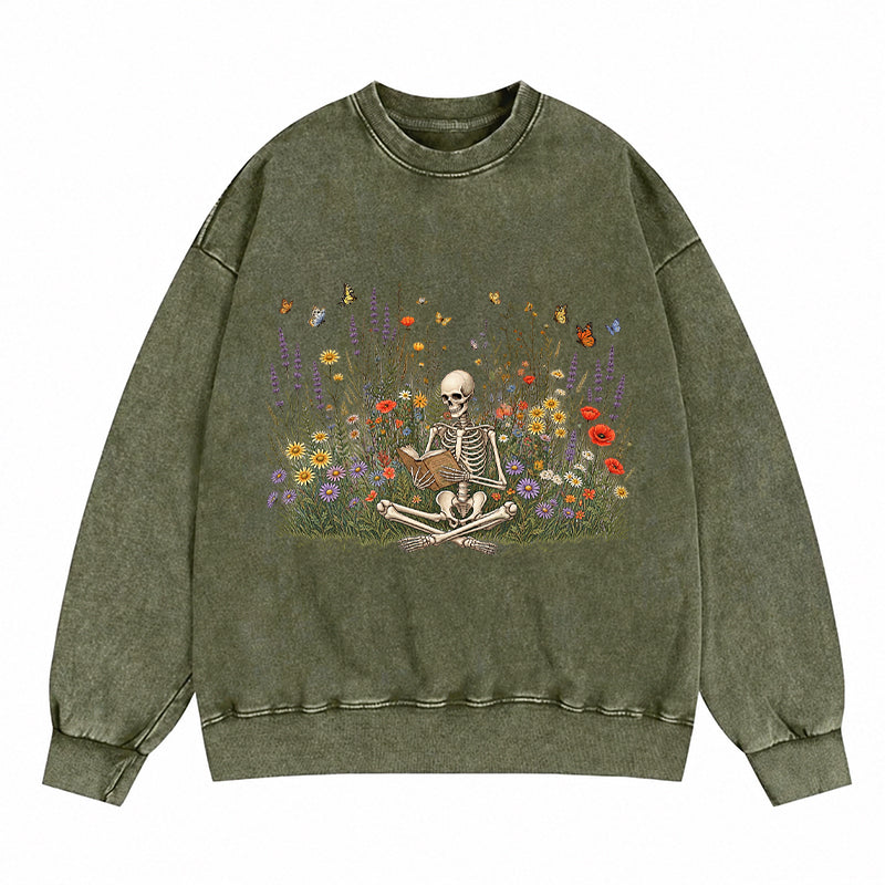 Skeleton Reading Book Wildflowers Washed Crewneck Sweatshirt