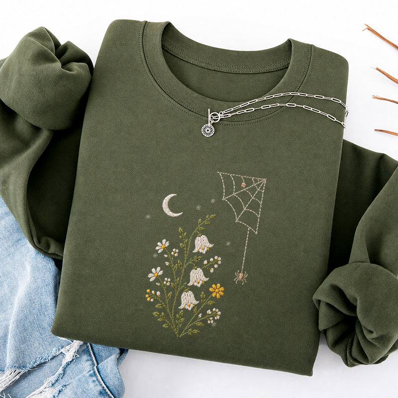 Embroidered Floral Spider Web Classic Crewneck Sweatshirt
