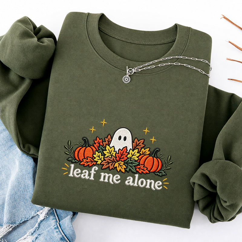 Embroidered Leaf Me Alone Classic Crewneck Sweatshirt