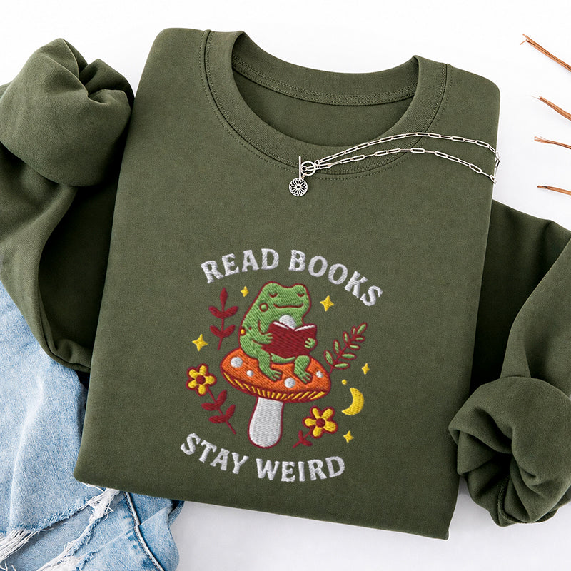 Embroidered Read Books Stay Weird Reading Frog Classic Crewneck Sweatshirt