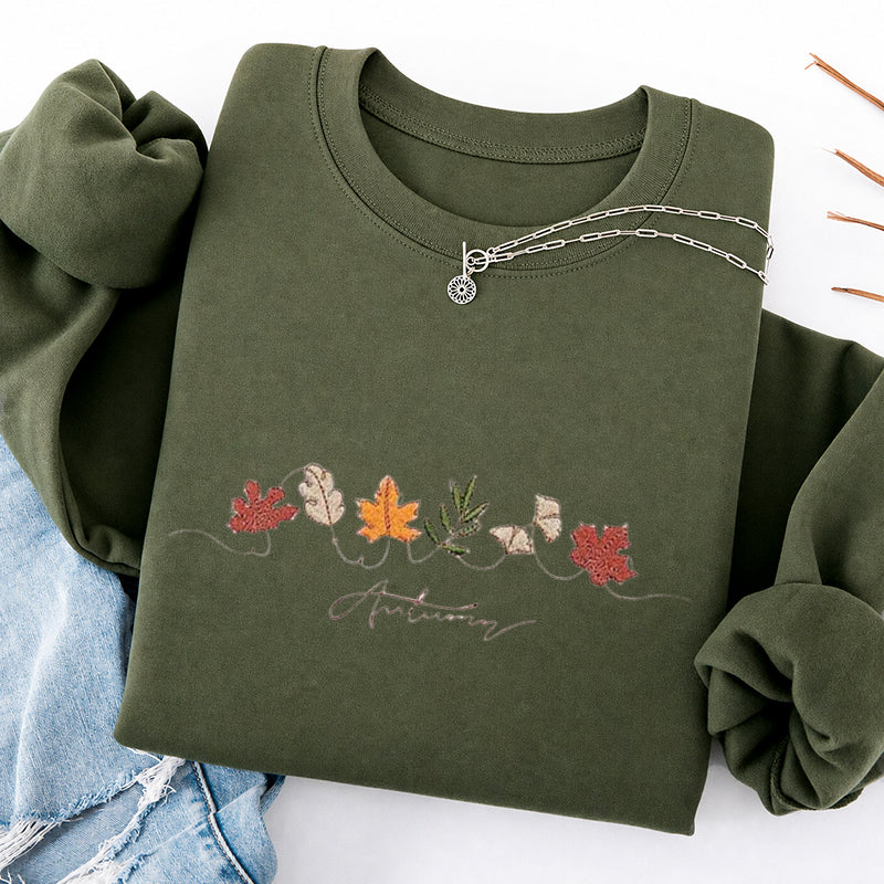 Embroidered Autumn Leaves Classic Crewneck Sweatshirt