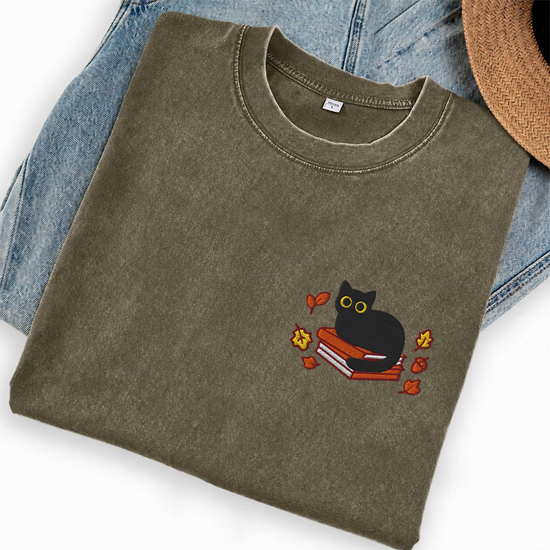 Embroidered Autumn Black Cat Book Washed Crew Neck T-Shirt