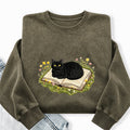 Embroidered Black Cat Book Washed Crewneck Sweatshirt