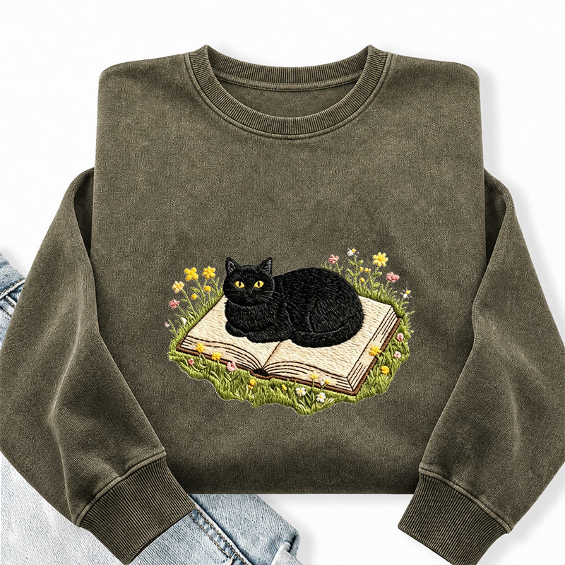 Embroidered Black Cat Book Washed Crewneck Sweatshirt